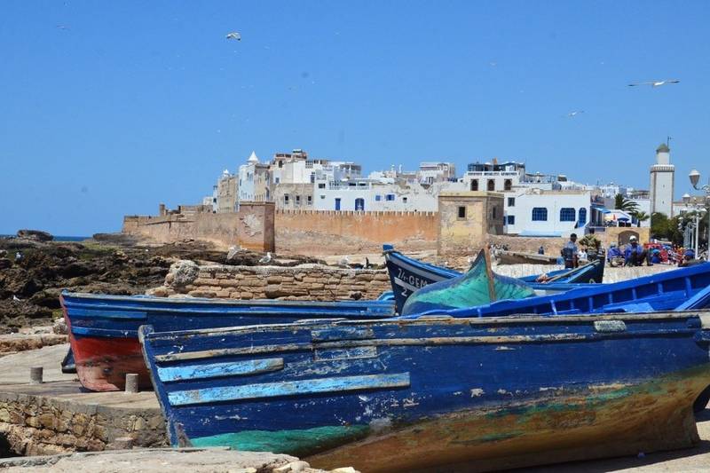 Historic port of Essaouira with calm coastal scenery and boats featured during 12 days tour from tangier to marrakech.