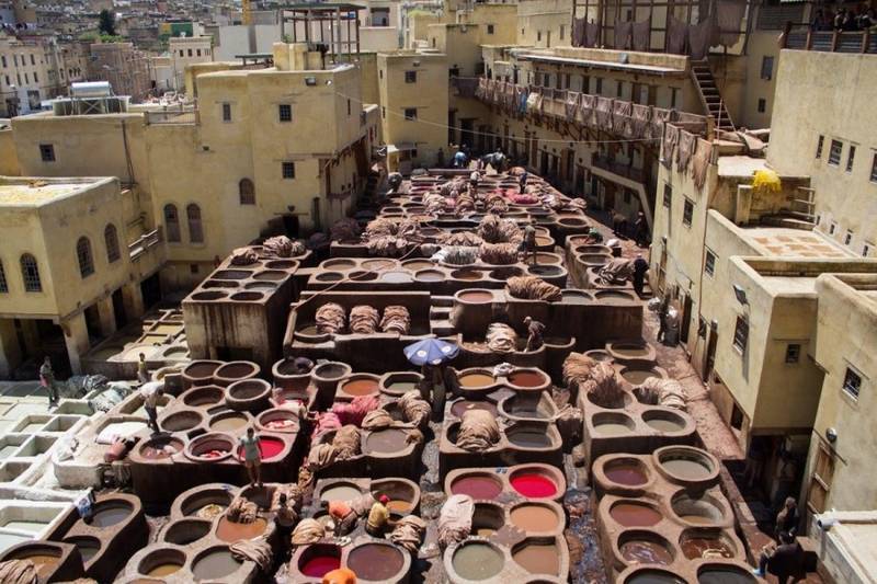 Chouara Tannery in Fes medina with colorful dye pits featured during 6 days tour from tangier to marrakech.