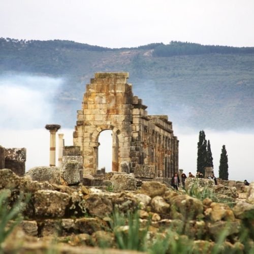 Ancient Roman ruins of Volubilis near Meknes with stone columns featured during moroccocameltrips cultural travel experience in Morocco.