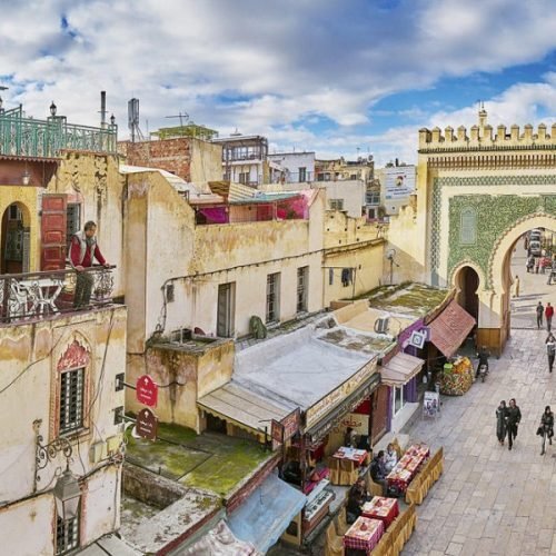 Bab Boujloud Blue Gate in Fez Medina, sunny day view on 8 days tour from Marrakech to Tangier
